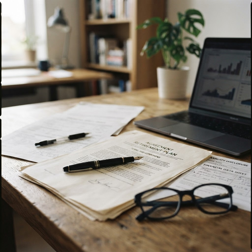 Financial documents and a contract with a pen and reading glasses on a wooden desk.
