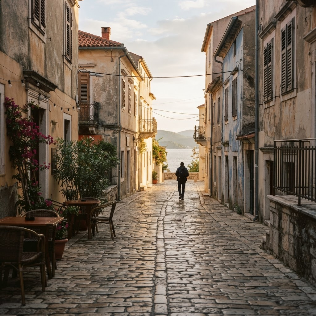 A quiet European coastal town street in early autumn with soft golden light.