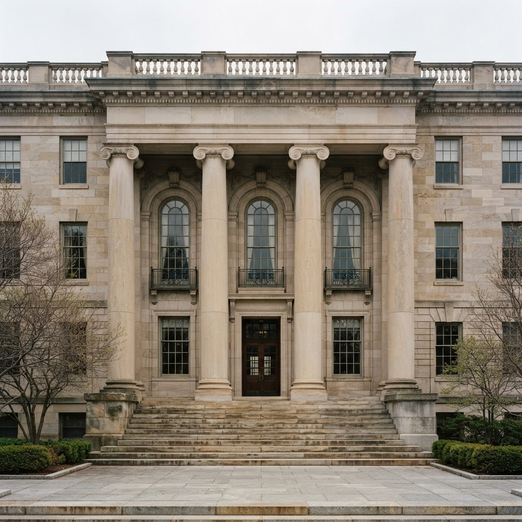 The limestone facade of a classic institutional building with tall windows under calm daylight.