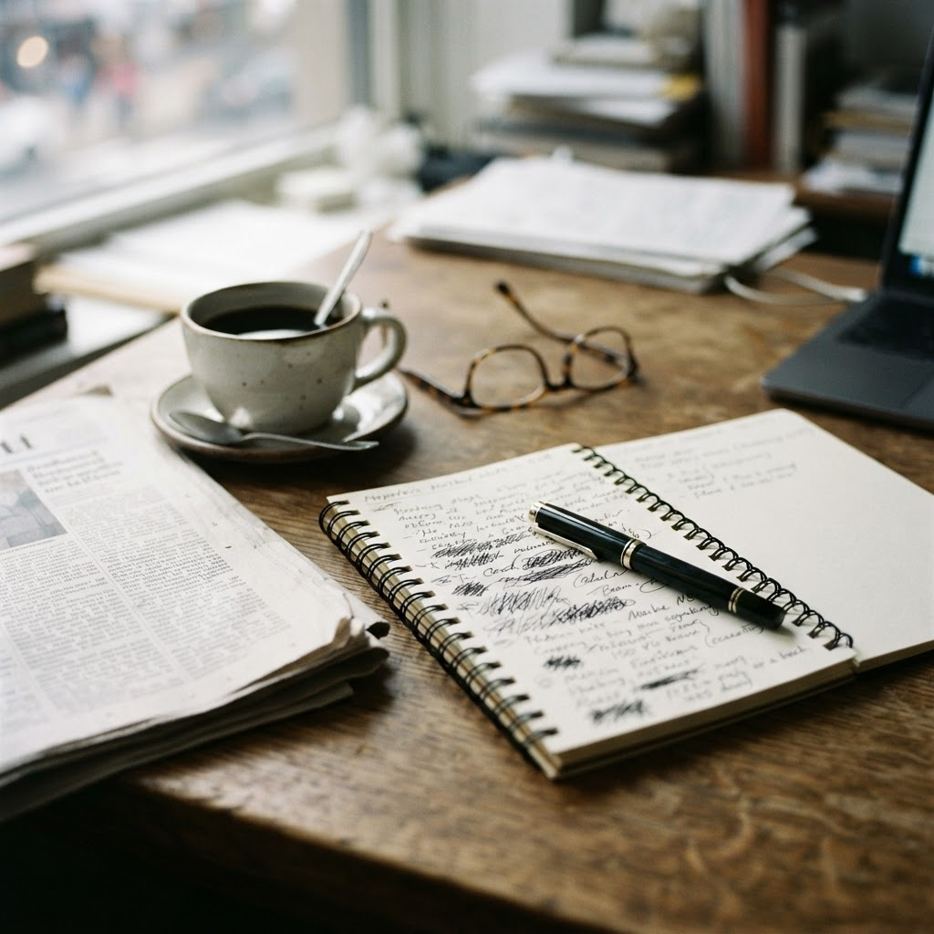 An open reporter’s notebook, a folded newspaper, reading glasses, and a cup of coffee on a wooden desk.